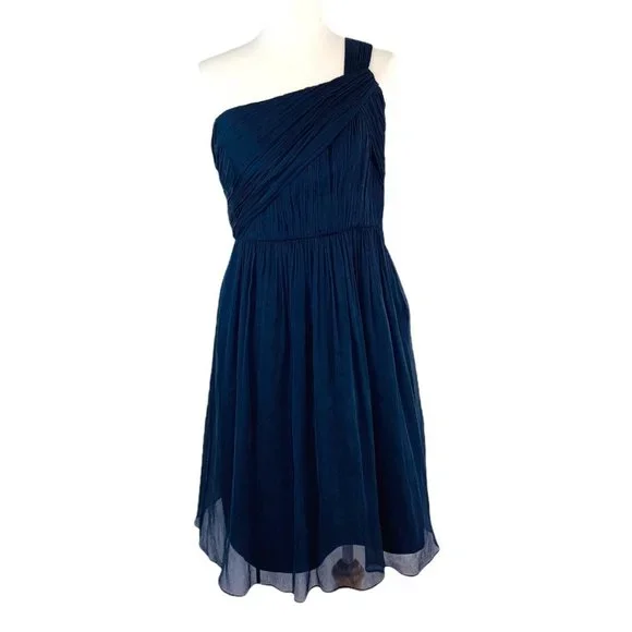 Amsale One Shoulder Party Cocktail Silk Navy Dress 4 Bridesmaid Wedding Guest - Picture 10 of 12